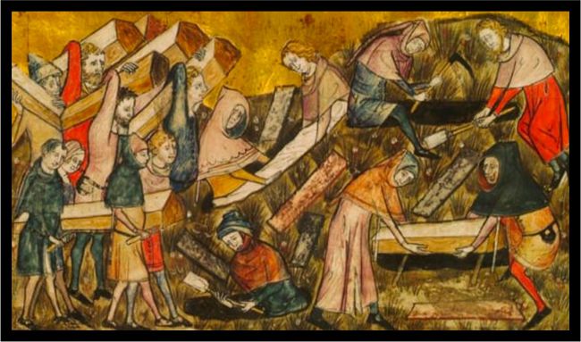 Sepoltura delle vittime della Peste Nera in Belgio: miniatura del 1353. (immagine Shutterstock)